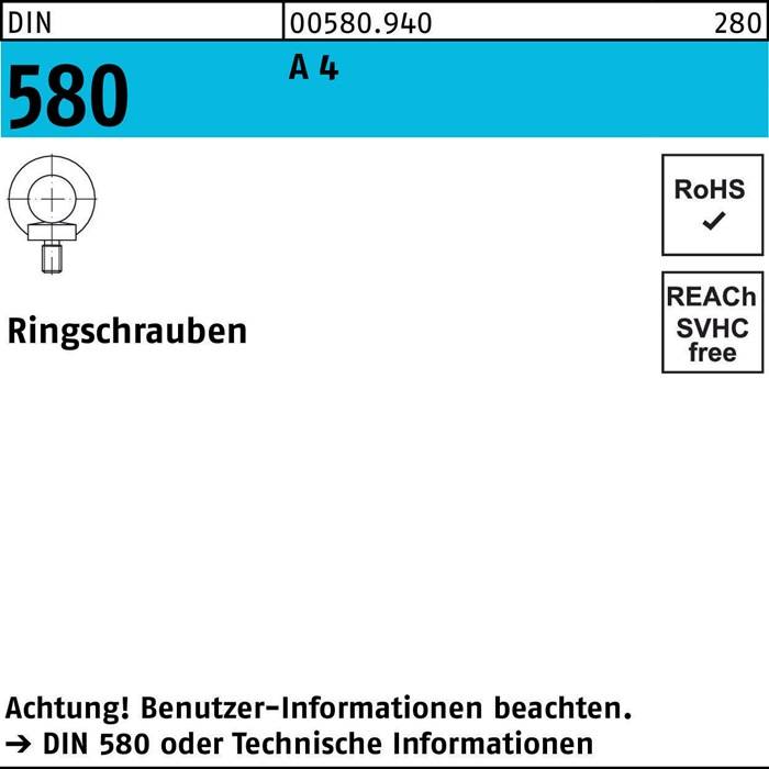 Ringschraube DIN 580 M 8 A 4 Ohne Oberflächenangabe 25 Stück