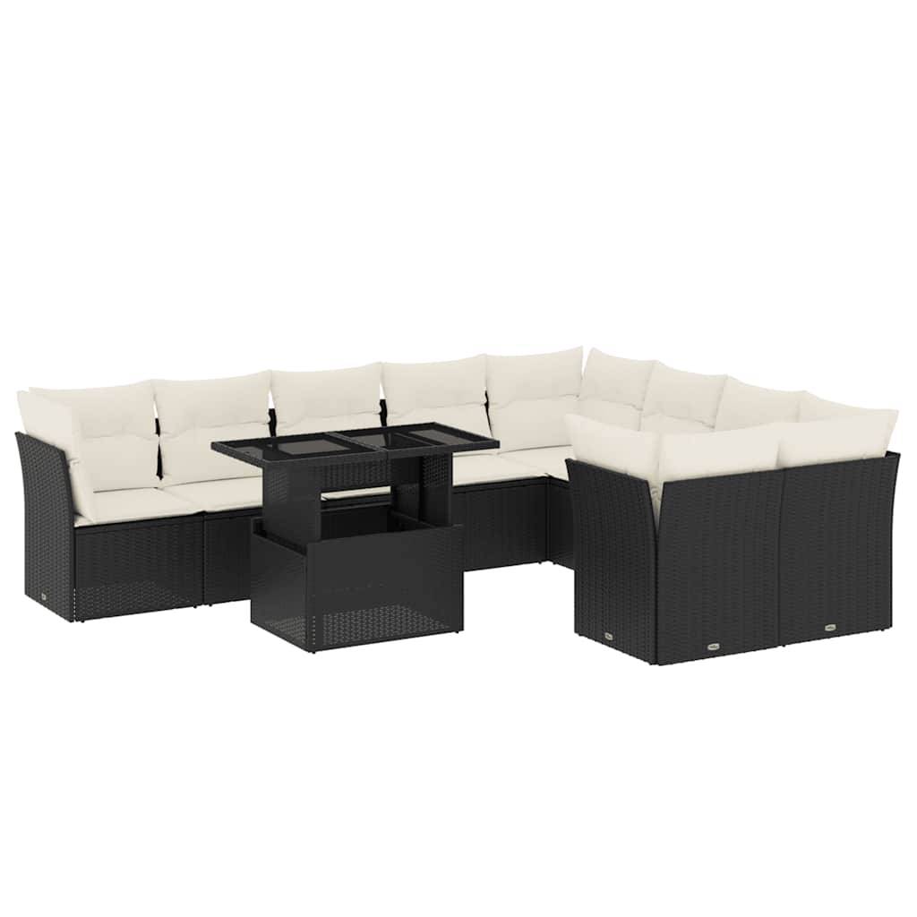 vidaXL 10-tlg. Garten-Sofagarnitur mit Kissen Schwarz Poly Rattan