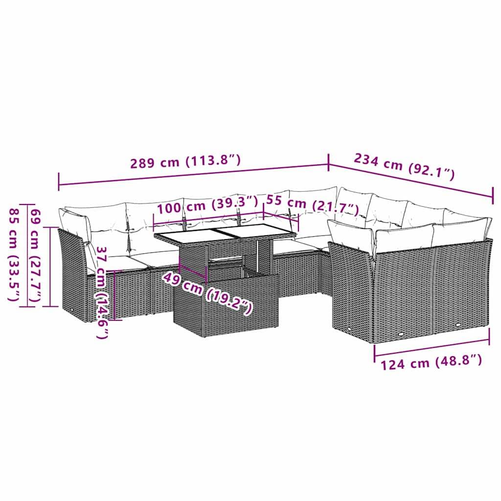 vidaXL 10-tlg. Garten-Sofagarnitur mit Kissen Schwarz Poly Rattan