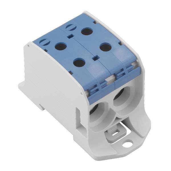 Ein blau-weißer Elektroklemmenblock mit mehreren Anschlüssen, der zum Verbinden von Drähten und zur Gewährleistung sicherer elektrischer Verbindungen verwendet wird.