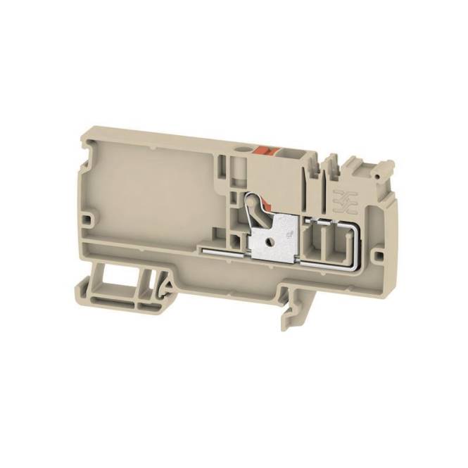 Ein beiger Elektro-Anschlussblock mit einem Metallklemmenmechanismus, der für das Sichern von elektrischen Drähten in einem Bedienfeld oder Gehäusesystem entwickelt wurde.