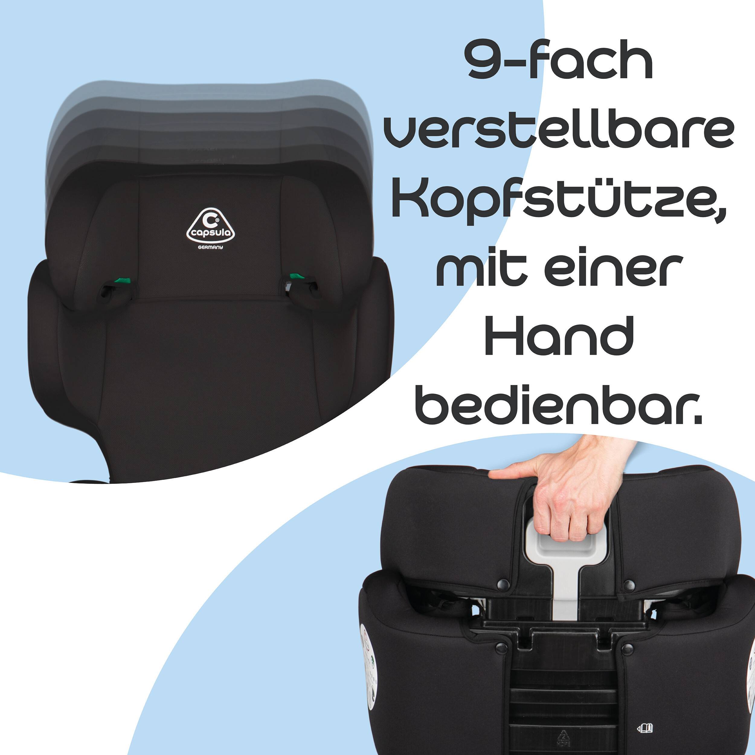 Werbeabbildung einer Kopfstütze für einen Kindersitz, die zeigt, dass sie 9-fach verstellbar ist und mit einer Hand bedient werden kann.