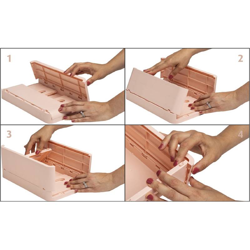 Schritt-für-Schritt-Montage eines Faltschachteldeckels. Schritte 1 bis 4: Falten und Sichern des Deckels mit Laschen, dargestellt durch Hände.