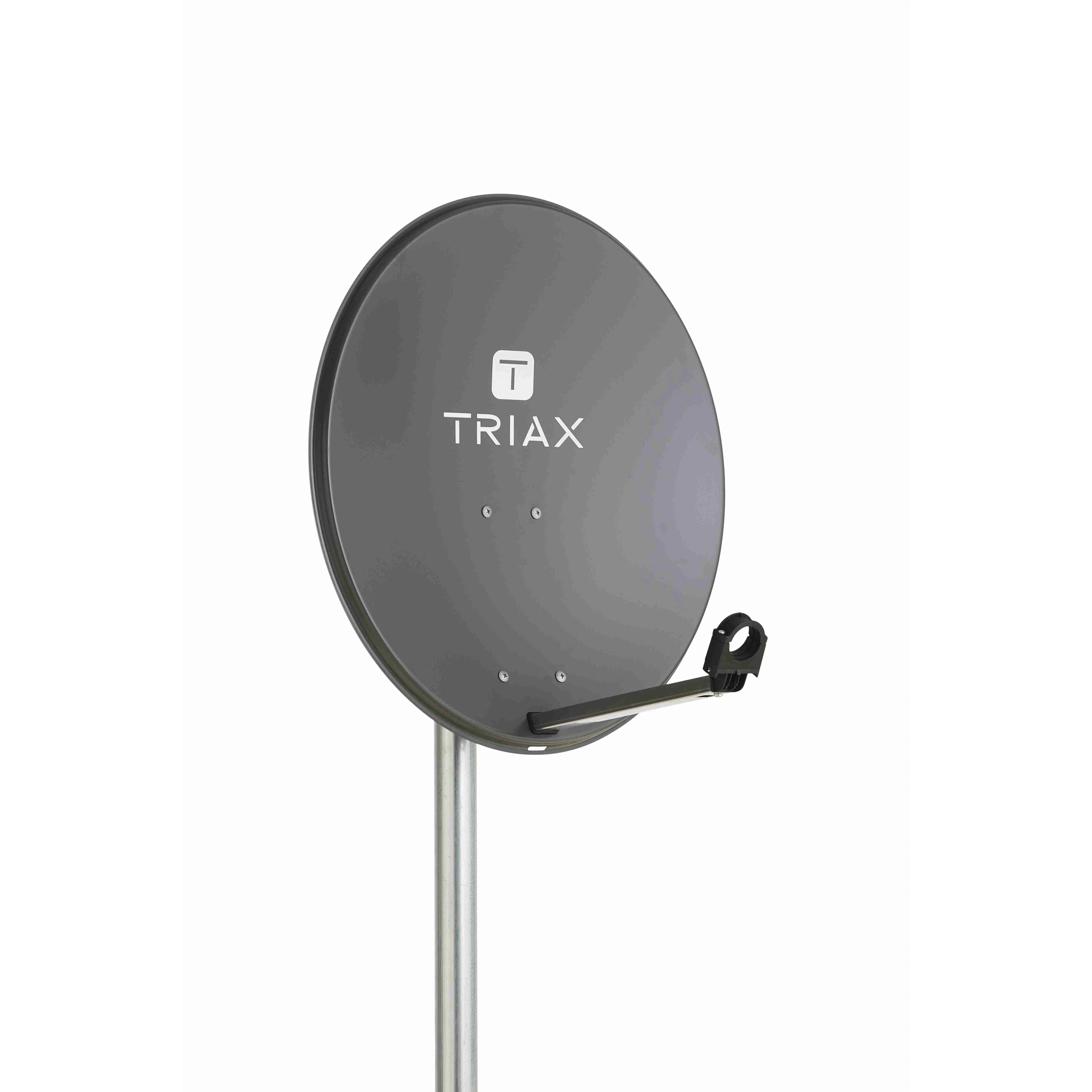 Graue TRIAX-Satellitenantenne auf einem Metallmast montiert, auf weißem Hintergrund dargestellt.