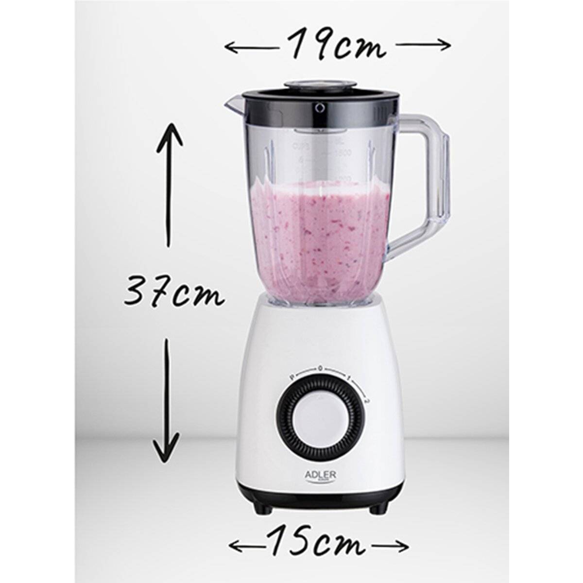 Ein Mixer mit einem rosa Smoothie darin. Messungen zeigen eine Höhe von 37 cm, eine Breite von 19 cm für den oberen Bereich und 15 cm für die Basis.