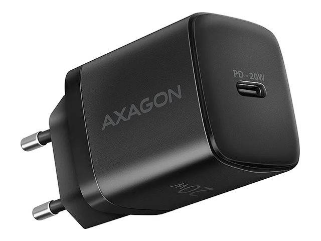 Schwarzes AXAGON-Wandladegerät mit europäischem Stecker und USB-C-Anschluss mit der Bezeichnung PD-20W.