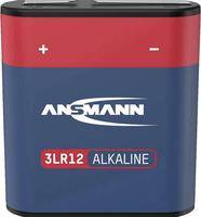 Eine rechteckige Batterie mit der Aufschrift 'ANSMANN' und '3LR12 Alkaline'. Auf der Oberseite sind die Symbole für positiv '+' und negativ '-' zu sehen.