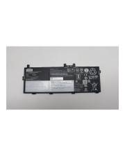 Ein schwarzer Laptop-Akku mit verschiedenen Beschriftungen und Symbolen, die Spezifikationen und Sicherheitsinformationen auf weißem Hintergrund anzeigen.