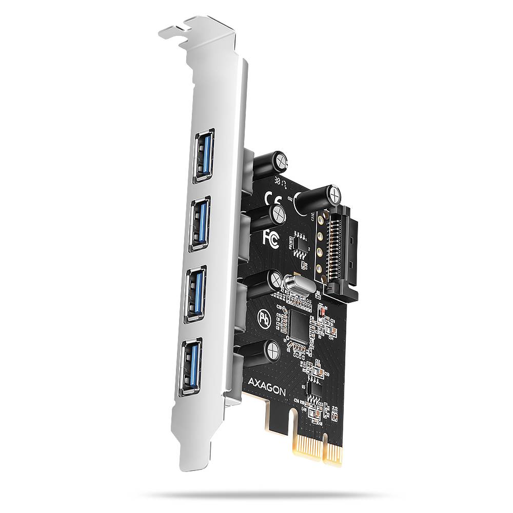 PCIe-Erweiterungskarte mit vier blauen USB-3.0-Anschlüssen und einem SATA-Stromanschluss, abgebildet auf weißem Hintergrund.