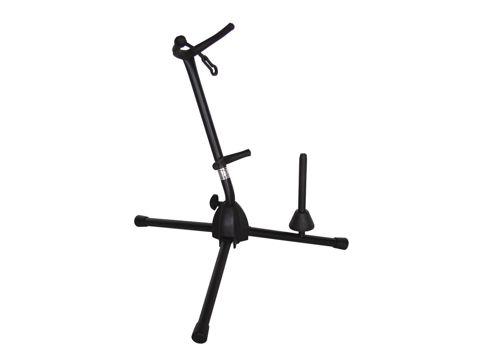 Ein schwarzer Gitarrenständer mit Dreifußständer, Halsunterstützung und drei Beinen.