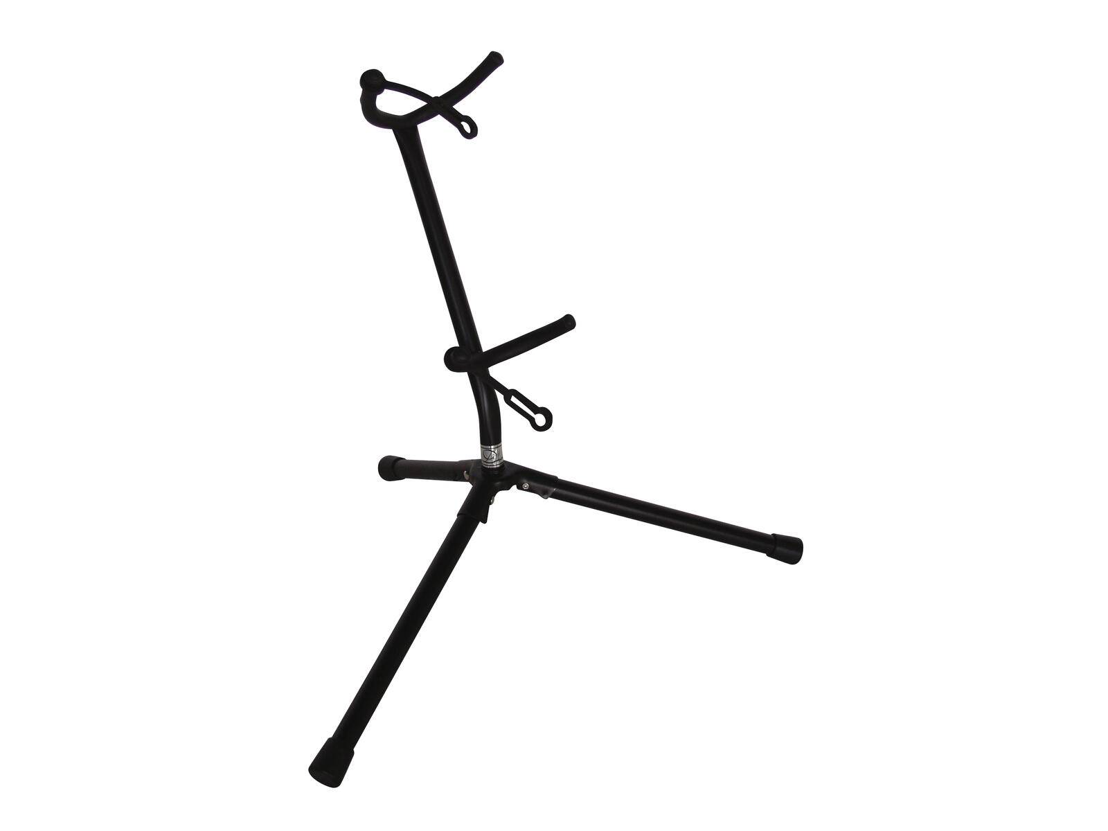 Ein schwarzer Saxophonständer mit drei Beinen und verstellbaren Stützarmen.