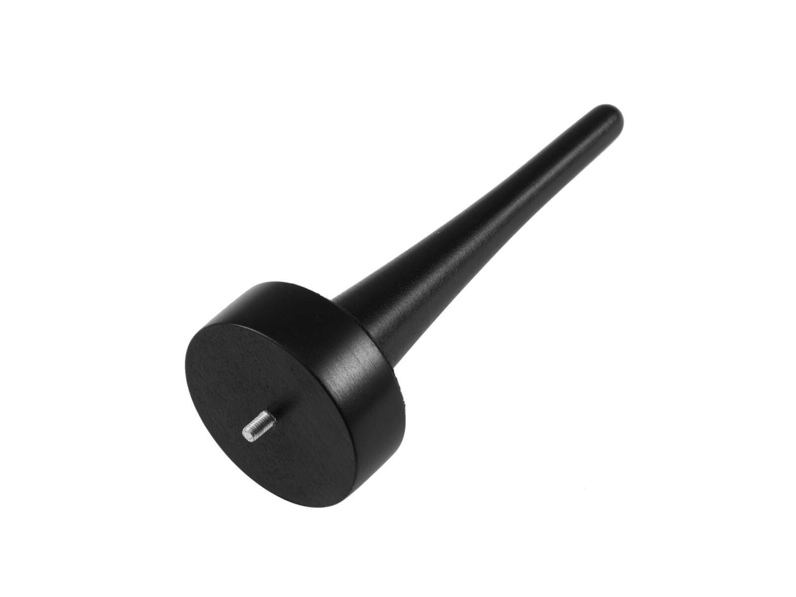 Ein schwarzes, kegelförmiges Werkzeug mit einer kreisförmigen Basis und einem hervorstehenden Metallstift, das zur Ausrichtung oder Anpassung von Teilen in mechanischen Anwendungen verwendet wird.