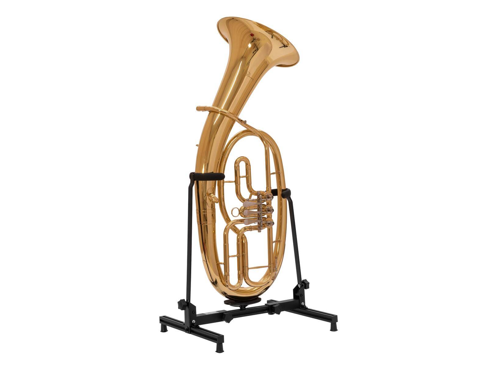 Ein Messingeuphonium auf einem schwarzen Ständer, das seine gebogene Struktur und Ventile präsentiert.