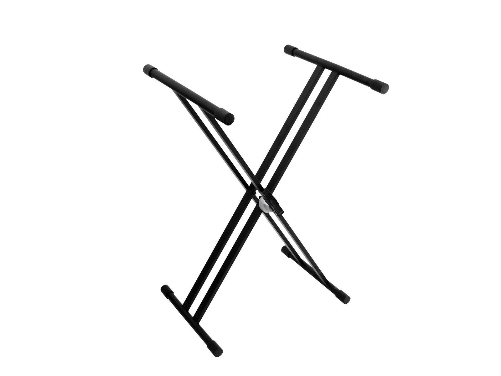 Tragbarer schwarzer X-förmiger Keyboardständer mit verstellbarer Höheneinstellung.