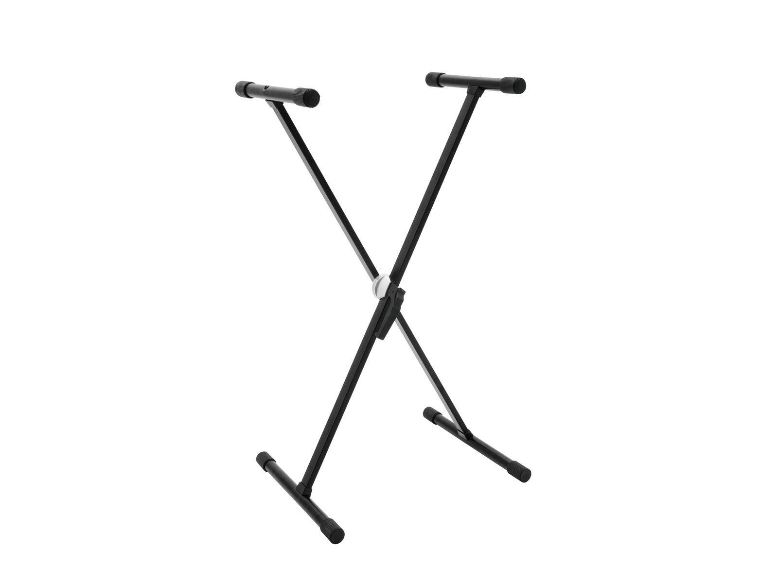Ein schwarzer X-förmiger Keyboardständer, verstellbar und zum Unterstützen elektronischer Tasteninstrumente, auf einem weißen Hintergrund dargestellt.