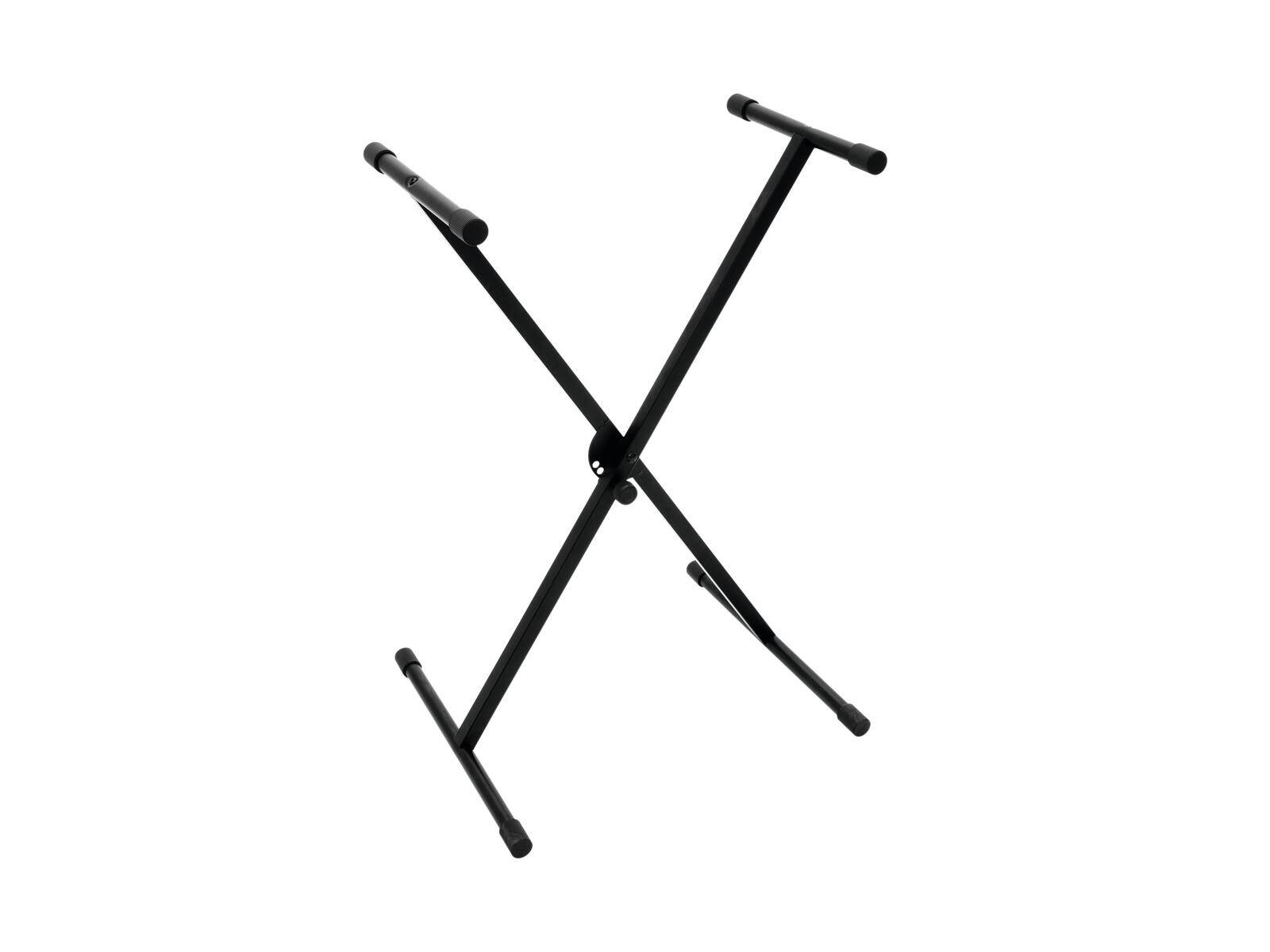 Ein schwarzer, verstellbarer X-förmiger Keyboardständer mit Gummiauflagen an jeder Ecke.