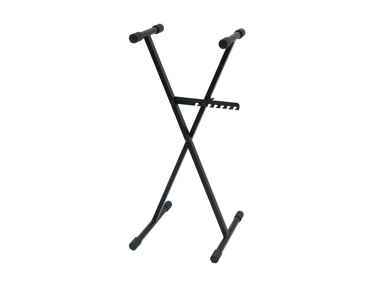 Ein schwarzer, verstellbarer X-förmiger Keyboardständer mit gummierten Griffen und mehreren Höheneinstellungen, geeignet zur Unterstützung eines Tastaturinstruments.