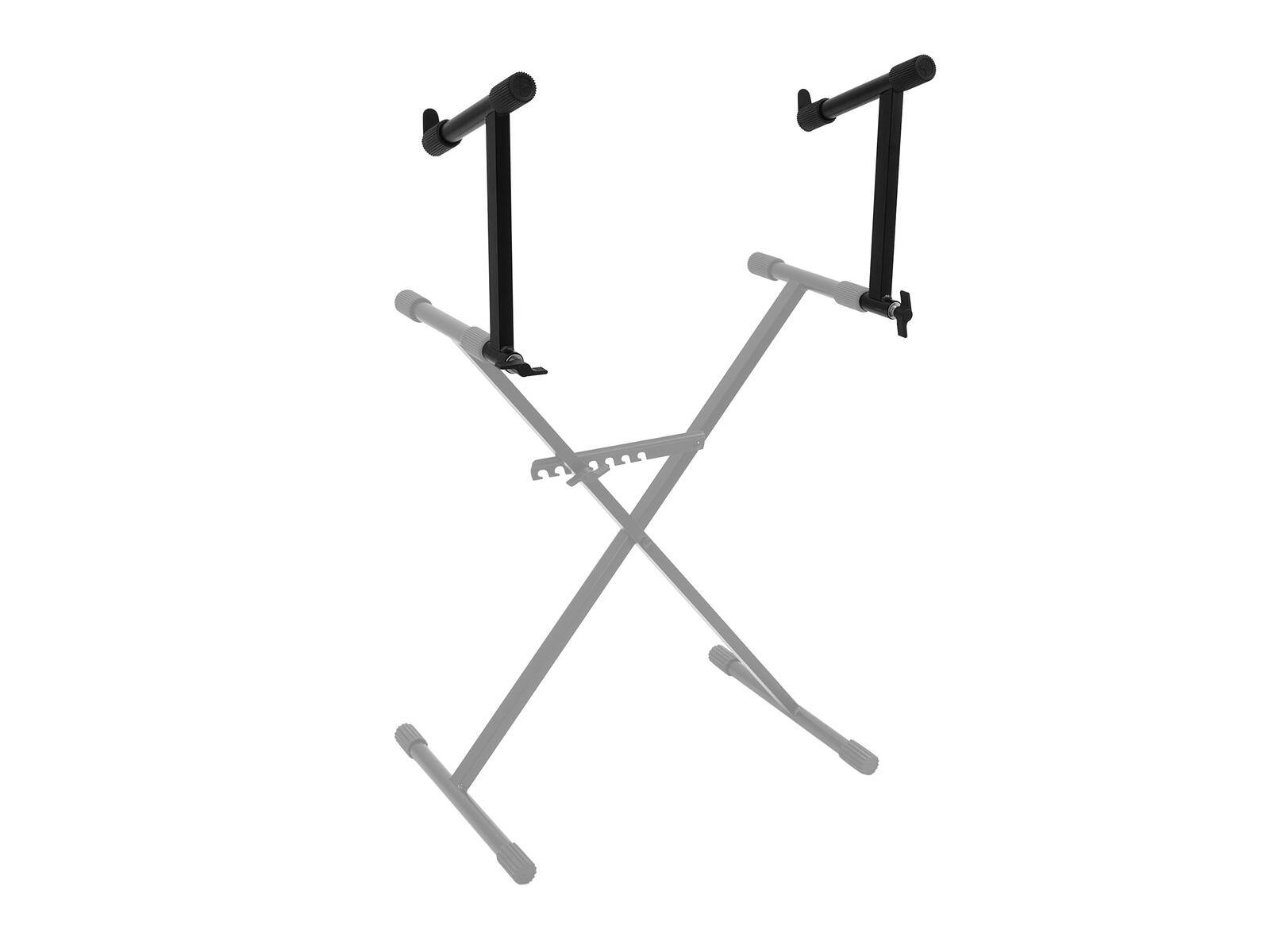 Bild eines schwarzen X-förmigen Keyboardständers mit verstellbaren Armen und Stützstreben. Geeignet zum Halten von elektronischen Keyboards auf der Bühne oder zu Hause.