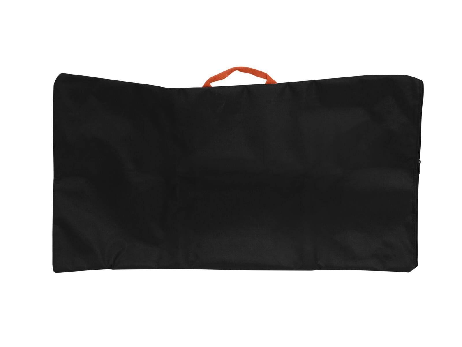 Eine schwarze Tasche mit einem orangefarbenen Griff, möglicherweise zur Aufbewahrung oder zum Transport verwendet.