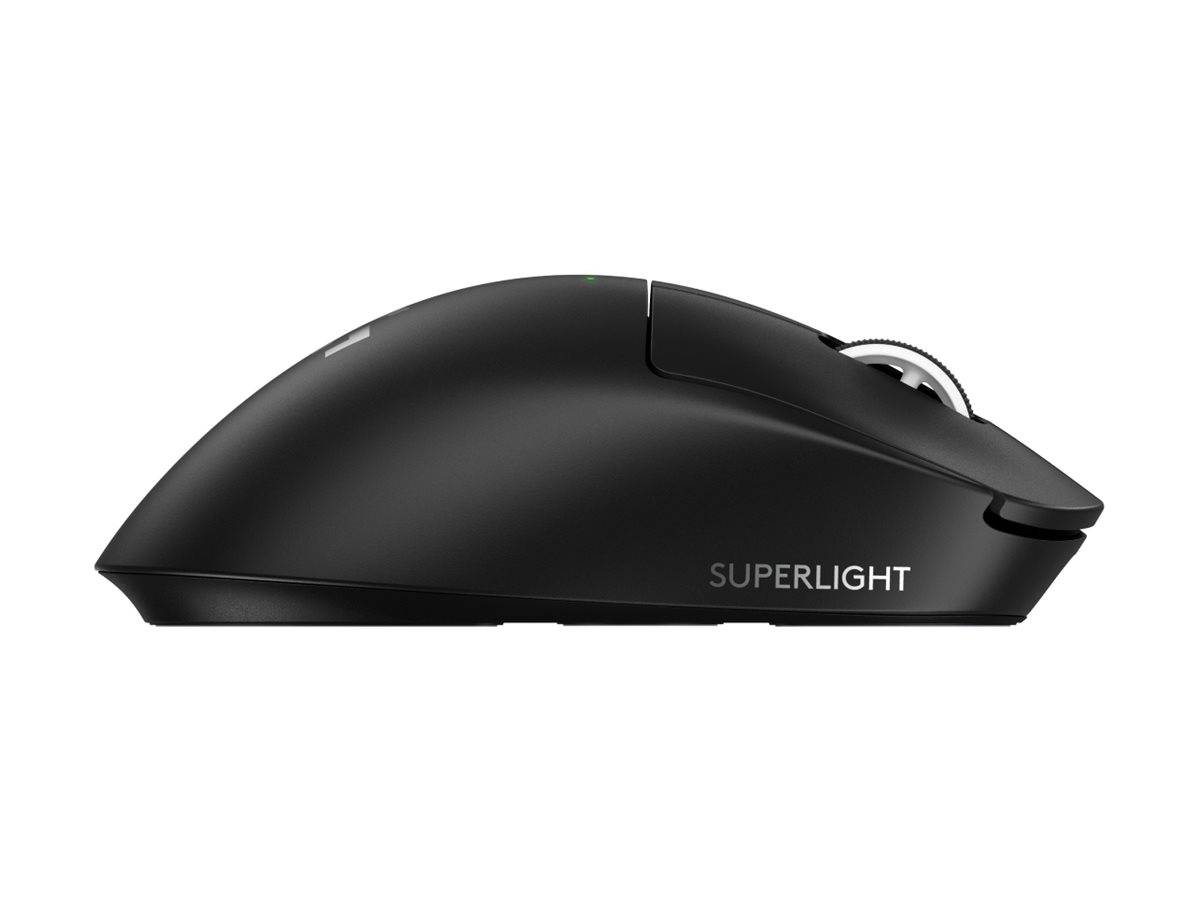 Schwarze kabellose Gaming-Maus mit der Beschriftung „SUPERLIGHT
