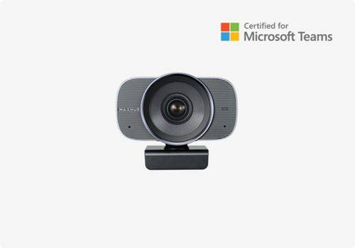 Produktfoto einer schwarzen Webcam mit dem Etikett „Zertifiziert für Microsoft Teams