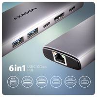 Produktbild eines silbernen 6-in-1-USB-C-Hub mit Anschlüssen für USB-A, USB-C, HDMI und Ethernet, mit Text „6 in 1 USB C 10Gbps HUB