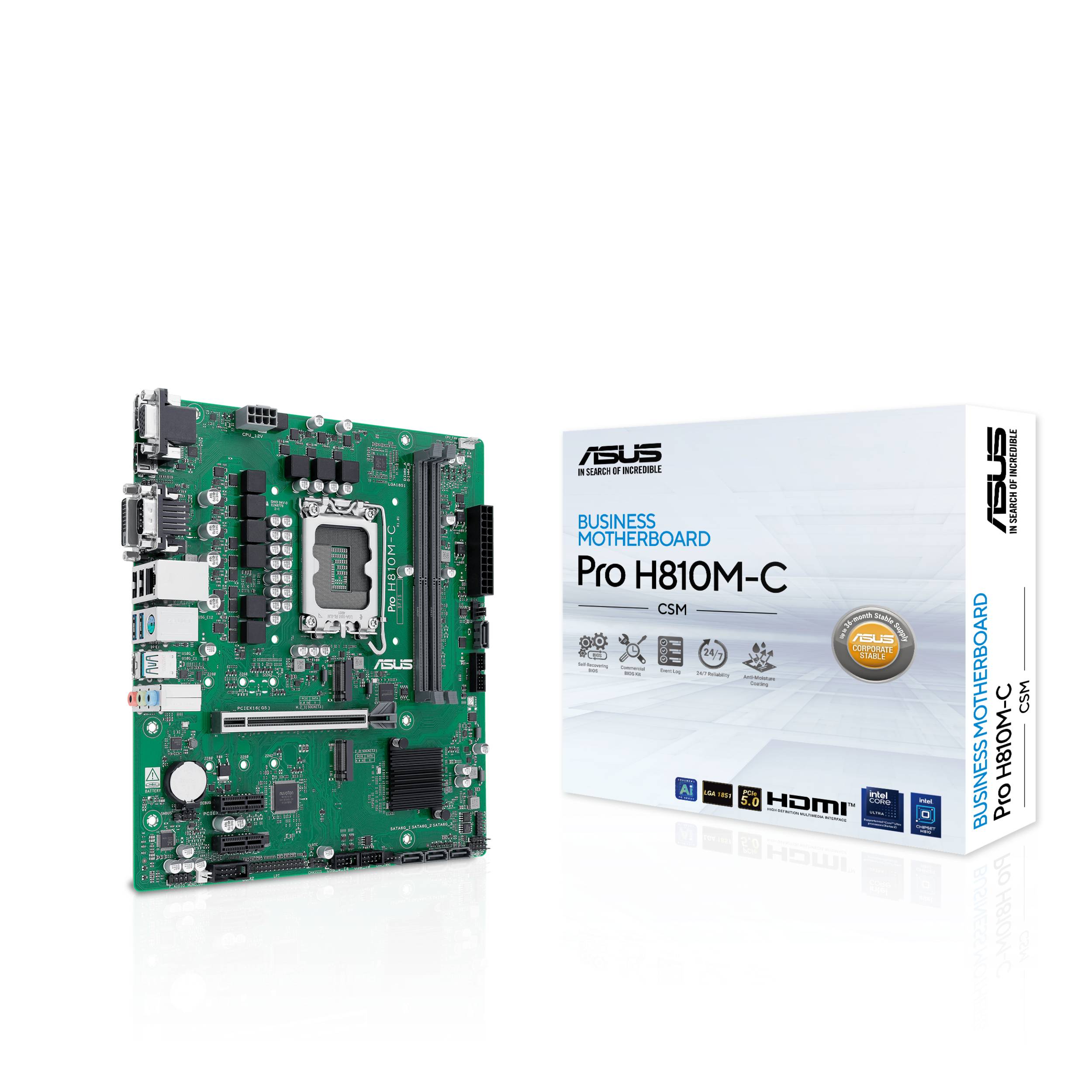 ASUS PRO H810M-C-CSM - Motherboard - micro ATX - LGA1851 Sockel - H810 Chipsatz - USB-C 3.2 Gen 1, USB 3.2 Gen 2, USB 3.2 Gen 1 - Gigabit LAN