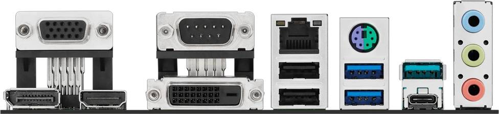 Rückseite einer Computer-Motherboard mit verschiedenen Anschlüssen einschließlich USB, Ethernet, VGA und Audio-Slots, die mehrere Konnektivitätsoptionen anzeigen.
