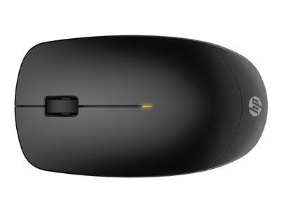 Eine schlanke schwarze kabellose Computermaus mit minimalistischem Design und einem dezenten LED-Indikator am Scrollrad, von oben betrachtet.