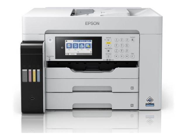 Ein weißer Epson-Drucker mit einem digitalen Bedienfeld, mehreren Papierfächern und Tintentankanzeigen an der Seite, geeignet für den Bürogebrauch.