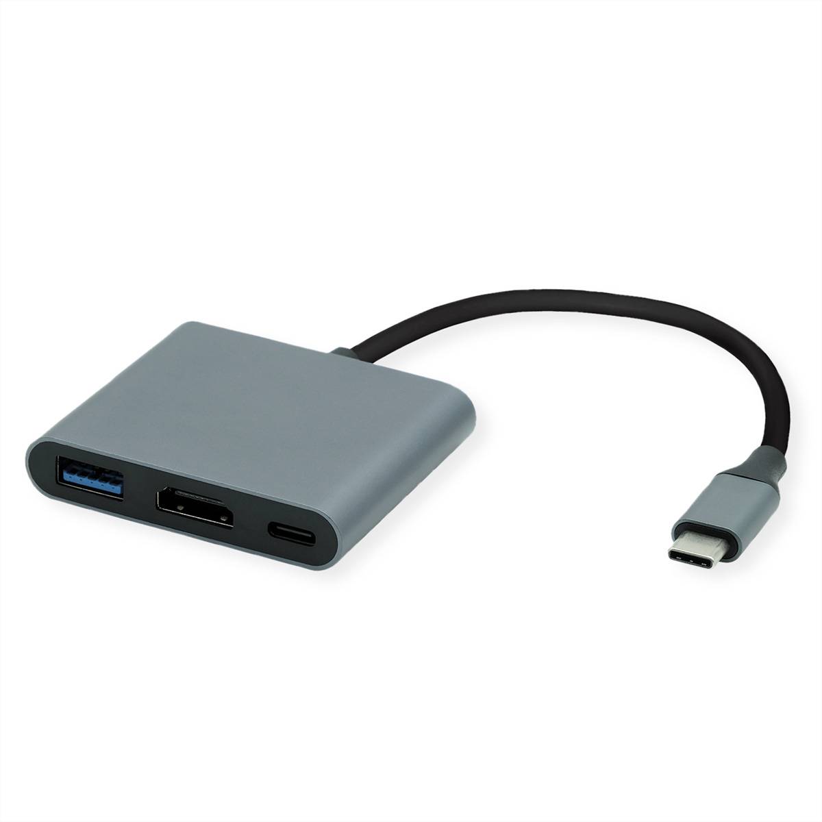 USB-C-Hub-Adapter mit USB-A-, HDMI- und USB-C-Anschlüssen auf einem kurzen Kabel.
