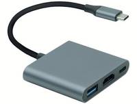 USB-C-Adapter-Hub mit zwei USB-Anschlüssen auf einem grauem rechteckigen Gerät und angeschlossenem kurzen Kabel