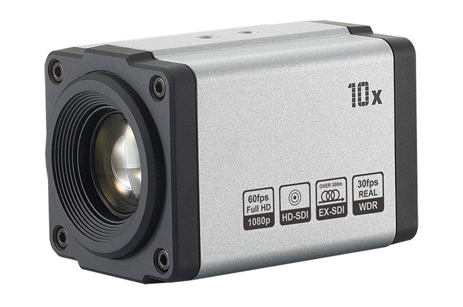 Kompakte silberfarbene 10x HD-Sicherheitskamera mit großem Objektiv, gekennzeichnet mit 60fps Full HD 1080p, HD-SDI, EX-SDI und 30fps WDR