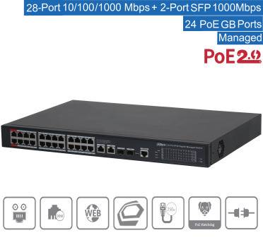 Dahua - S4228-24GT-360 - Switch - 24 PoE-GB, - 28 Port PoE Gigabit Switch - 24x PoE Ethernet Port 10/100/1000 Mbps - 2x