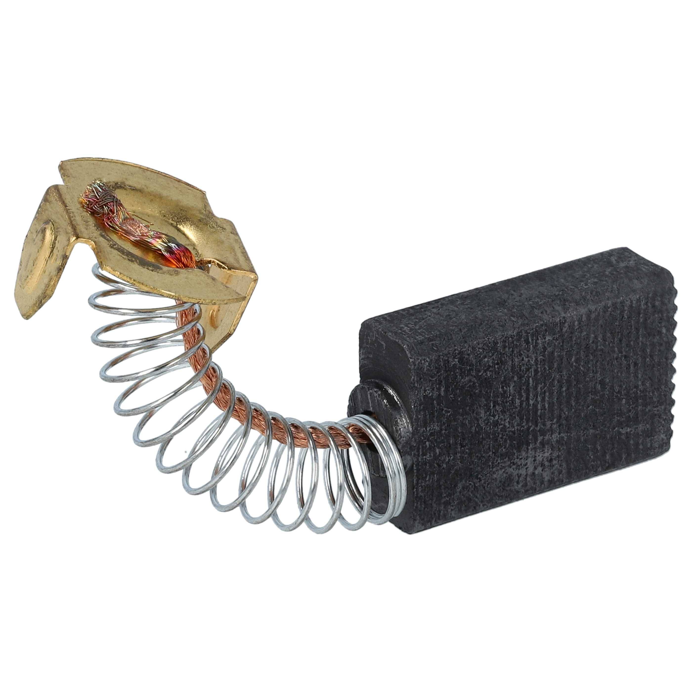 Eine Metallfeder, die an einer rechteckigen Kohlenbürste angebracht ist, die in Elektromotoren verwendet wird, zeigt den Kupferdraht und die Verbindungsstelle.