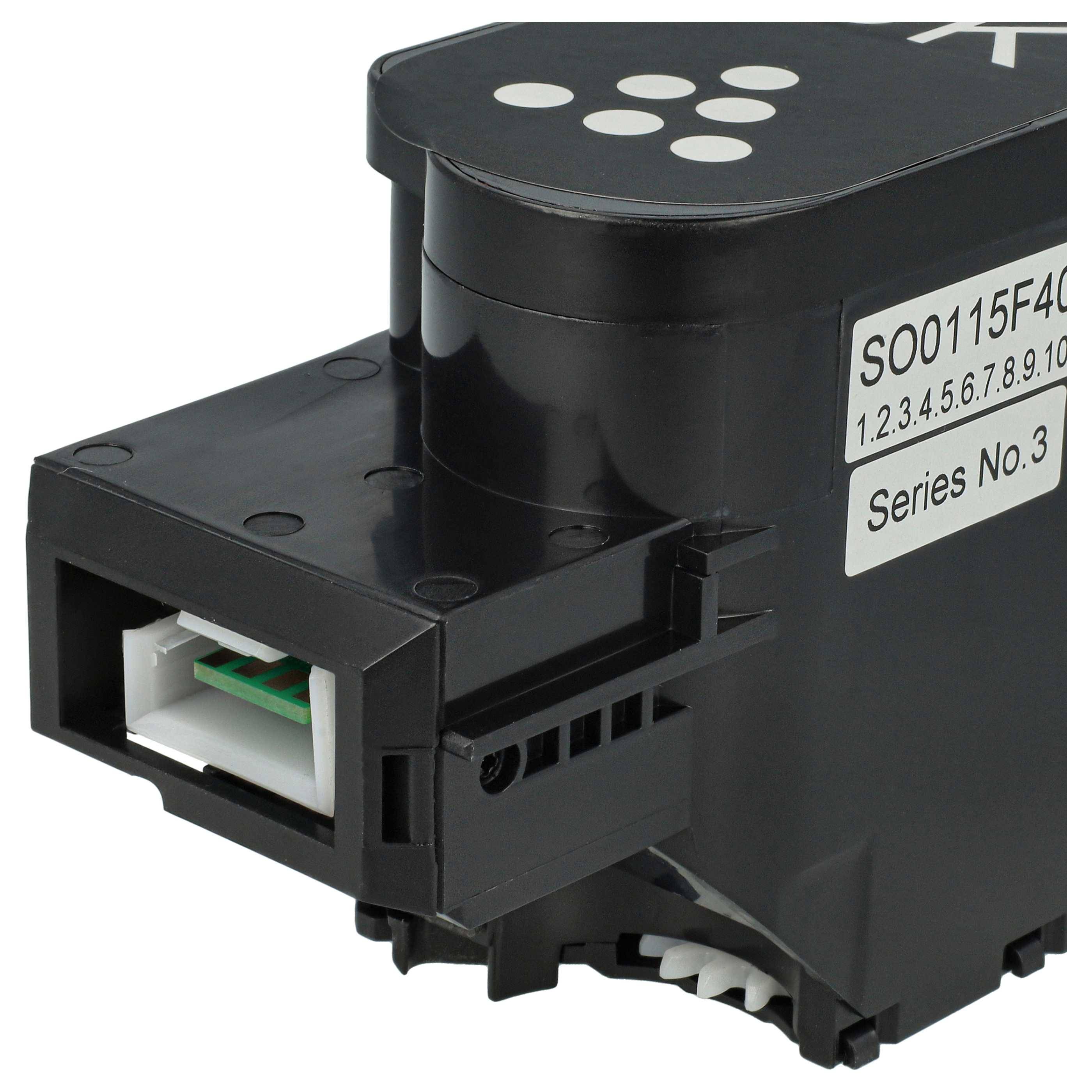 Eine schwarze elektronische Komponente mit einer Beschriftung, die eine Seriennummer zeigt. Sie verfügt über einen rechteckigen Anschluss und mehrere Verbindungspunkte an der Seite.