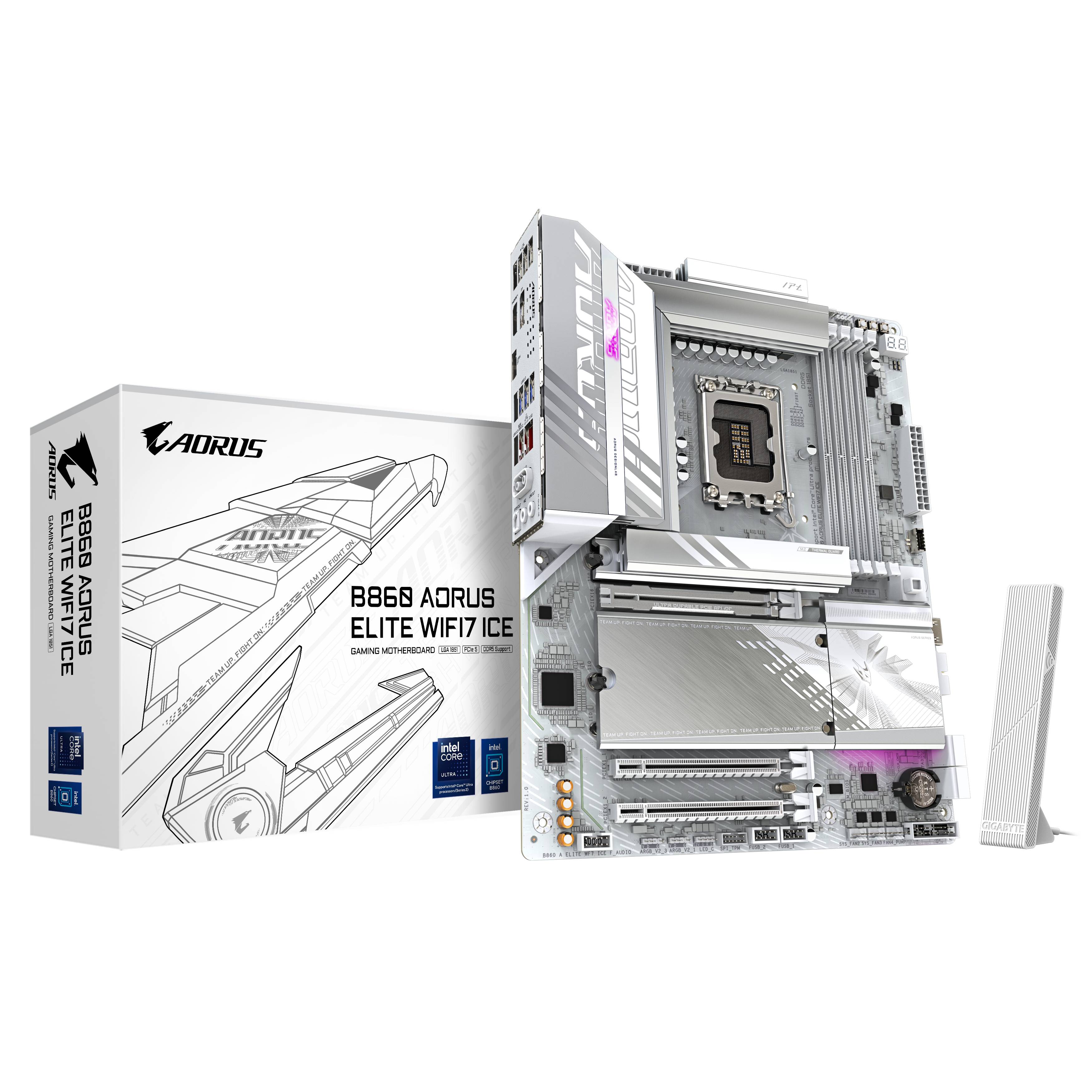 AORUS B860 AORUS ELITE WIFI7 Mainboard in Eisweiß mit Originalverpackung und Antenne, vor schwarzem Hintergrund dargestellt.