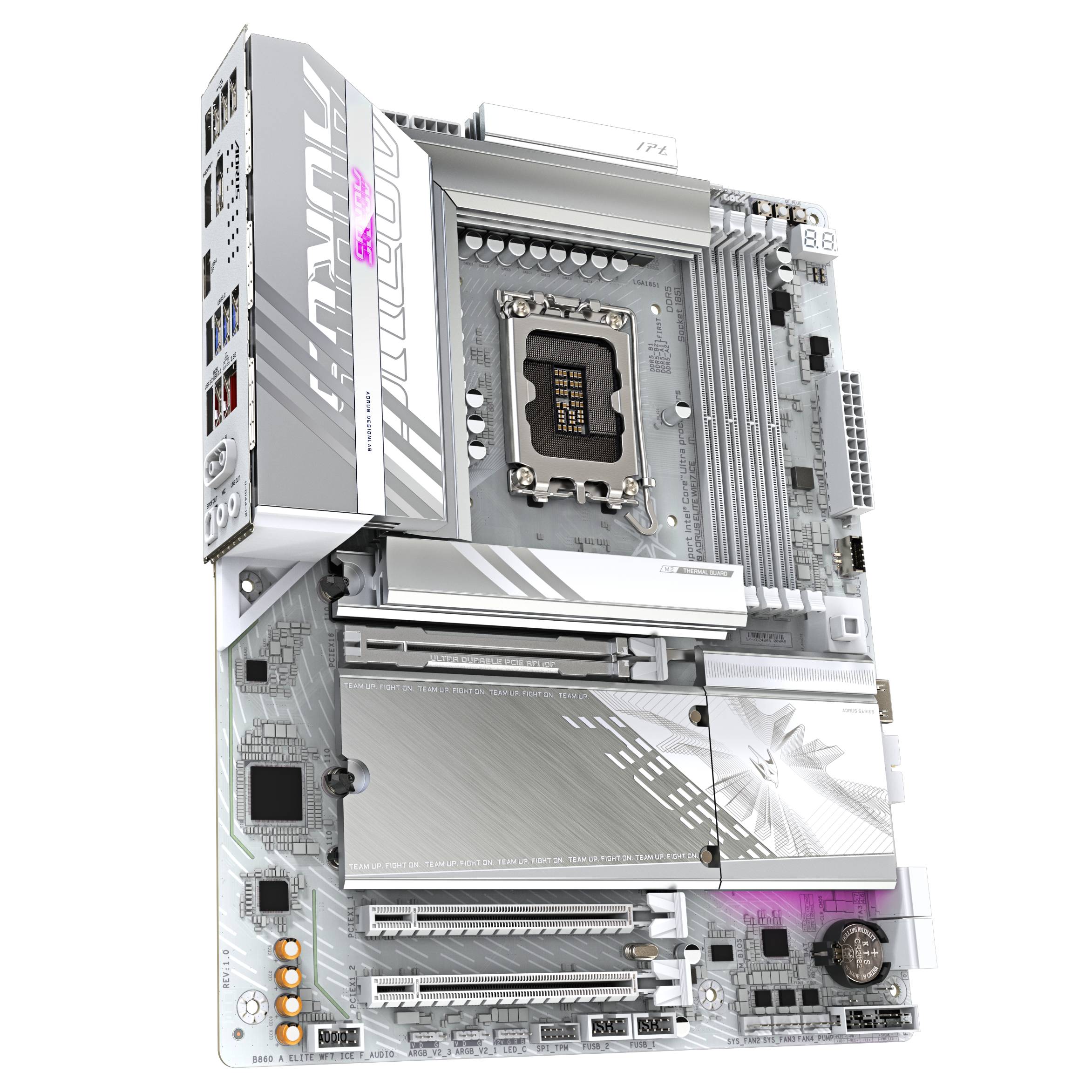 Weiße MSI-Hauptplatine von vorne gezeigt, mit CPU-Sockel, RAM-Steckplätzen, PCIe-Steckplätzen und silberweißen Kühlkörpern.