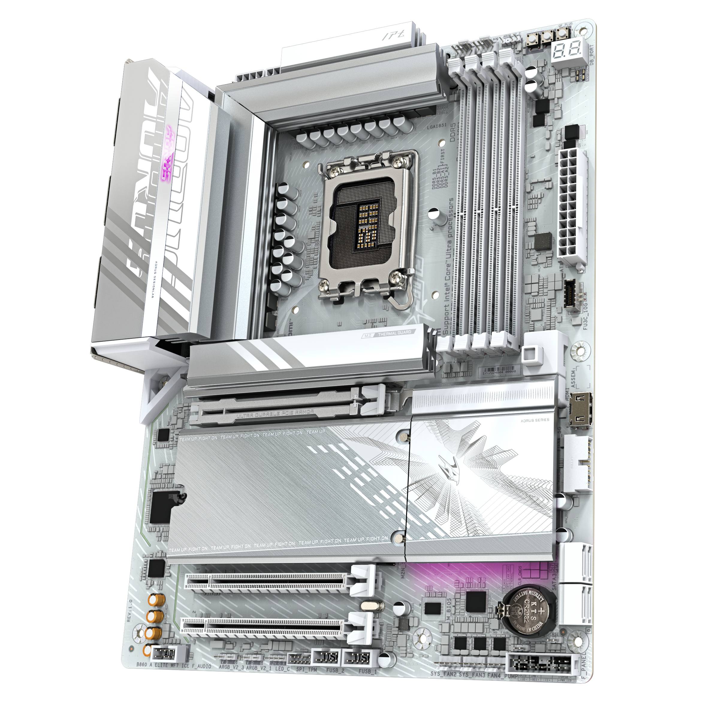 Weiße ATX-Motherboard mit CPU-Sockel, RAM-Steckplätzen, Erweiterungssteckplätzen und silbernen Kühlkörpern; keine Komponenten installiert.