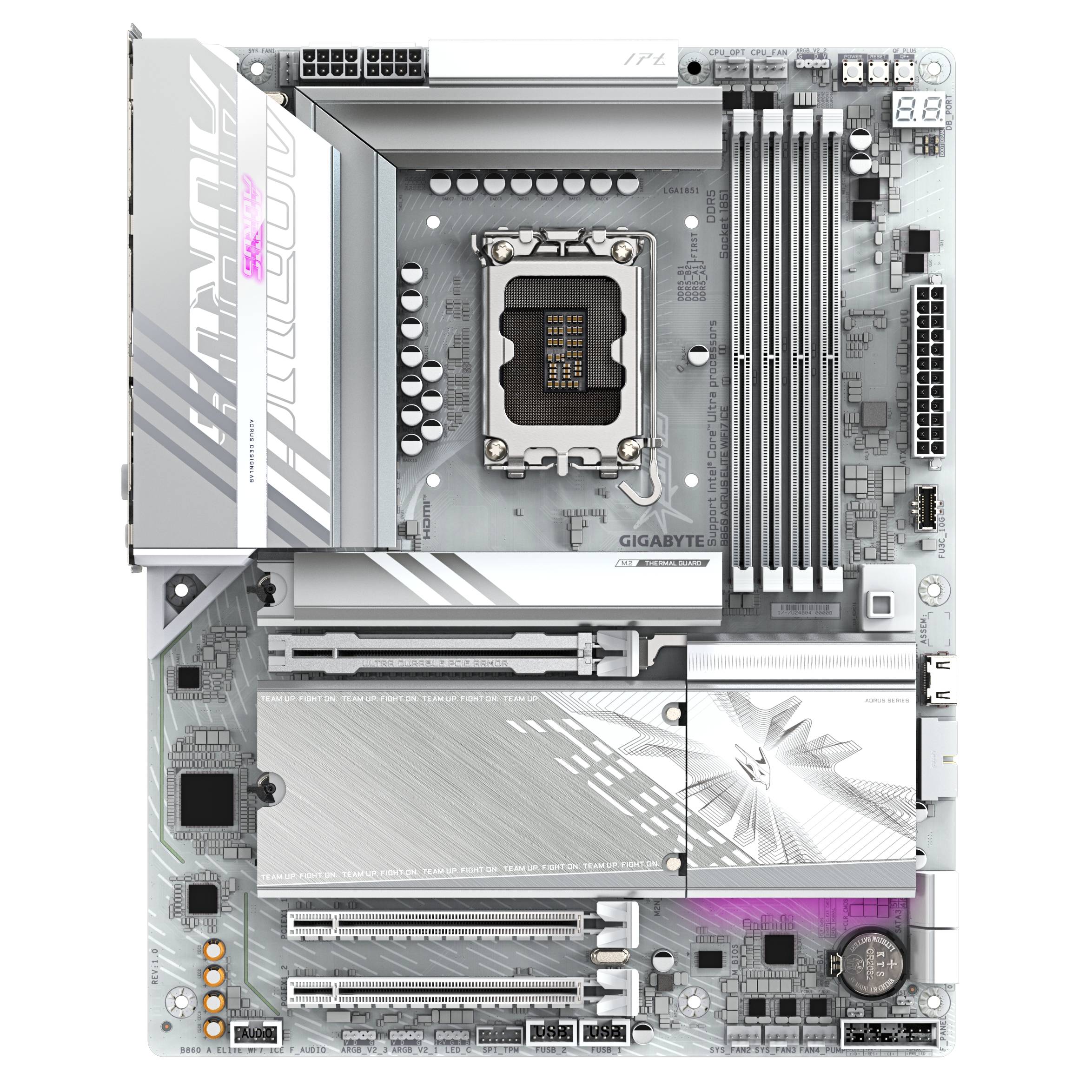 Draufsicht auf ein Gigabyte-Motherboard mit CPU-Sockel, vier RAM-Steckplätzen, PCIe-Steckplätzen, Kühlkörpern und Stromverbindungen.