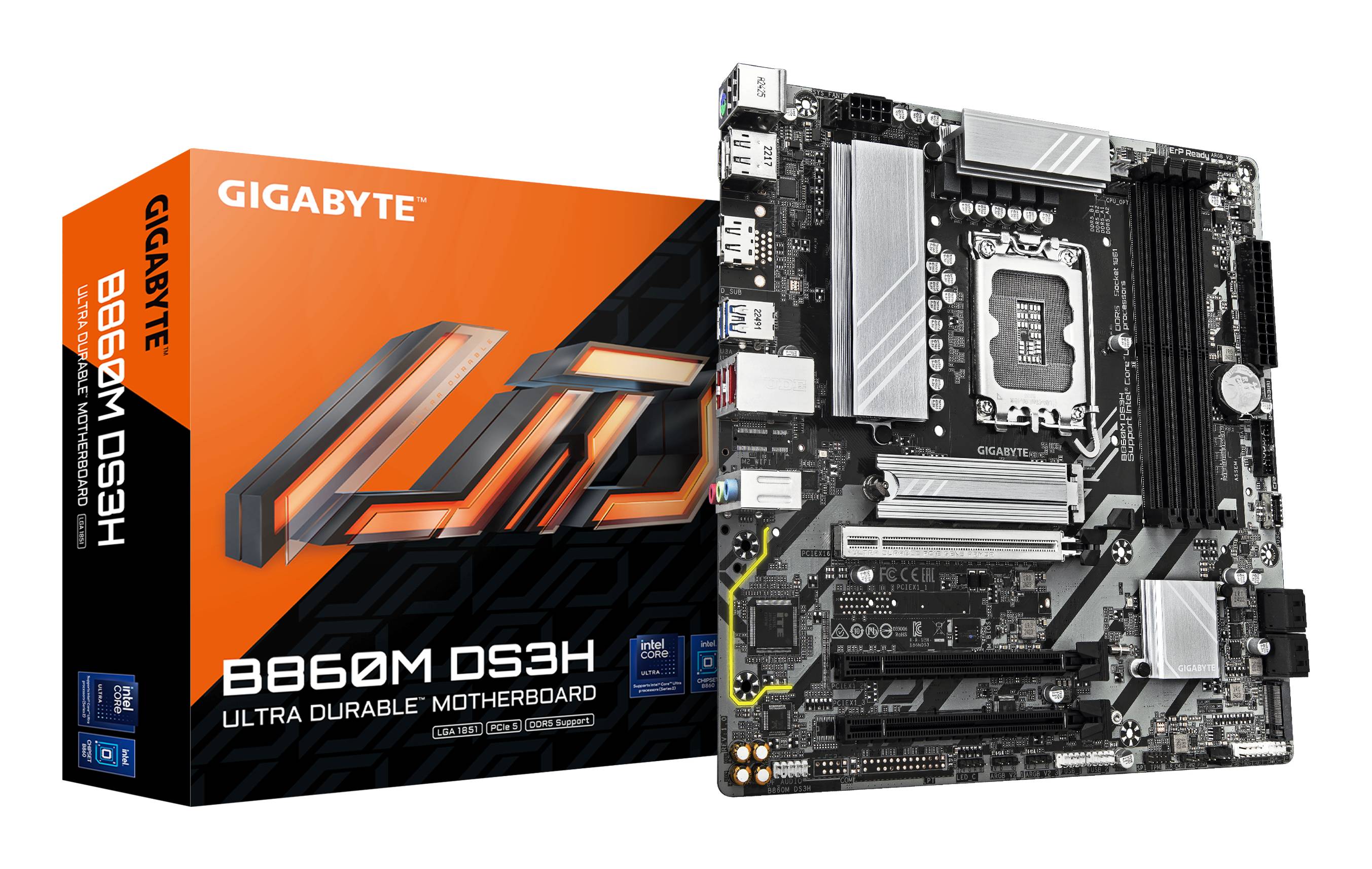 Gigabyte B860M DS3H - 2.0 - Motherboard - micro ATX - LGA1851-Sockel - B860 Chipsatz - USB-C 3.2 Gen 1, USB 3.2 Gen 2, USB 3.2 Gen 1 - 2.5 Gigabit