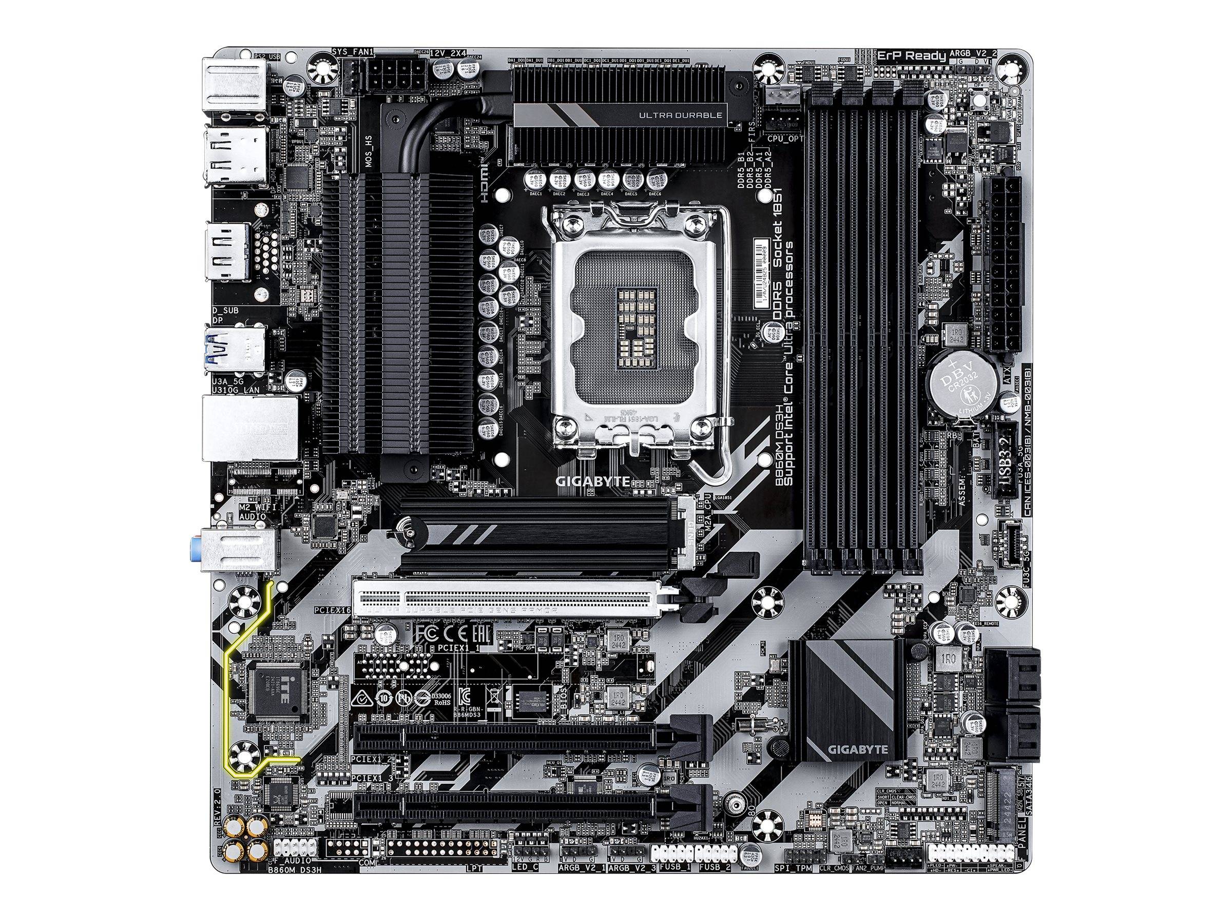 Gigabyte B860M DS3H - 2.0 - Motherboard - micro ATX - LGA1851-Sockel - B860 Chipsatz - USB-C 3.2 Gen 1, USB 3.2 Gen 2, USB 3.2 Gen 1 - 2.5 Gigabit