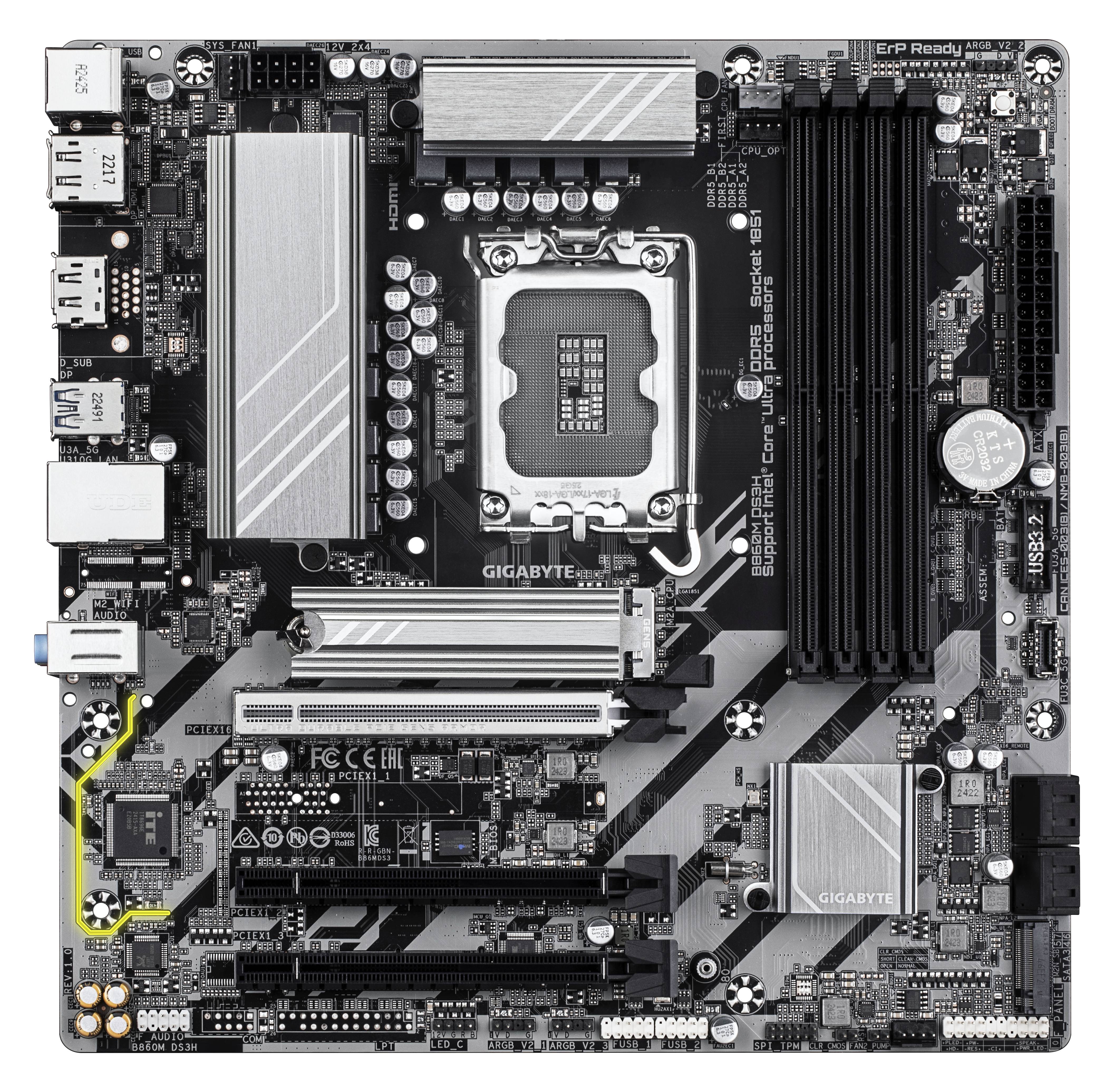 Gigabyte-Computer-Hauptplatine mit CPU-Sockel, RAM-Steckplätzen, Erweiterungssteckplätzen und hervorgehobenem Verbindungsbereich.