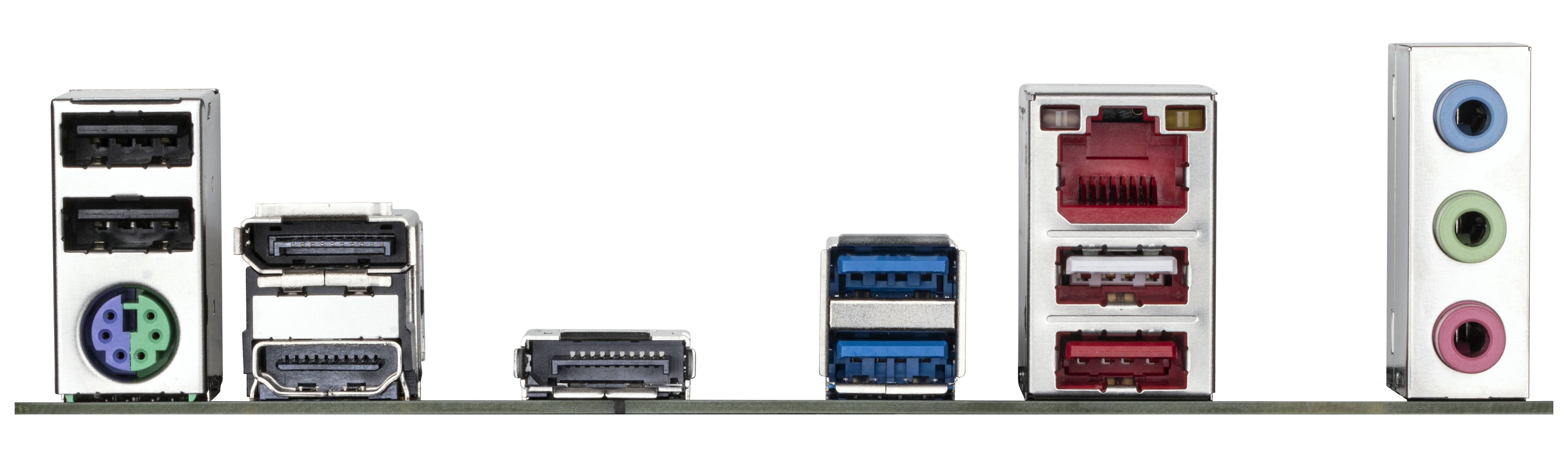 Rückansicht mehrerer Computer-Motherboard-I/O-Panele mit gestapelten Anschlüssen: Ethernet, USB, Audio-Buchsen, Videoausgänge und PS/2-Stecker.