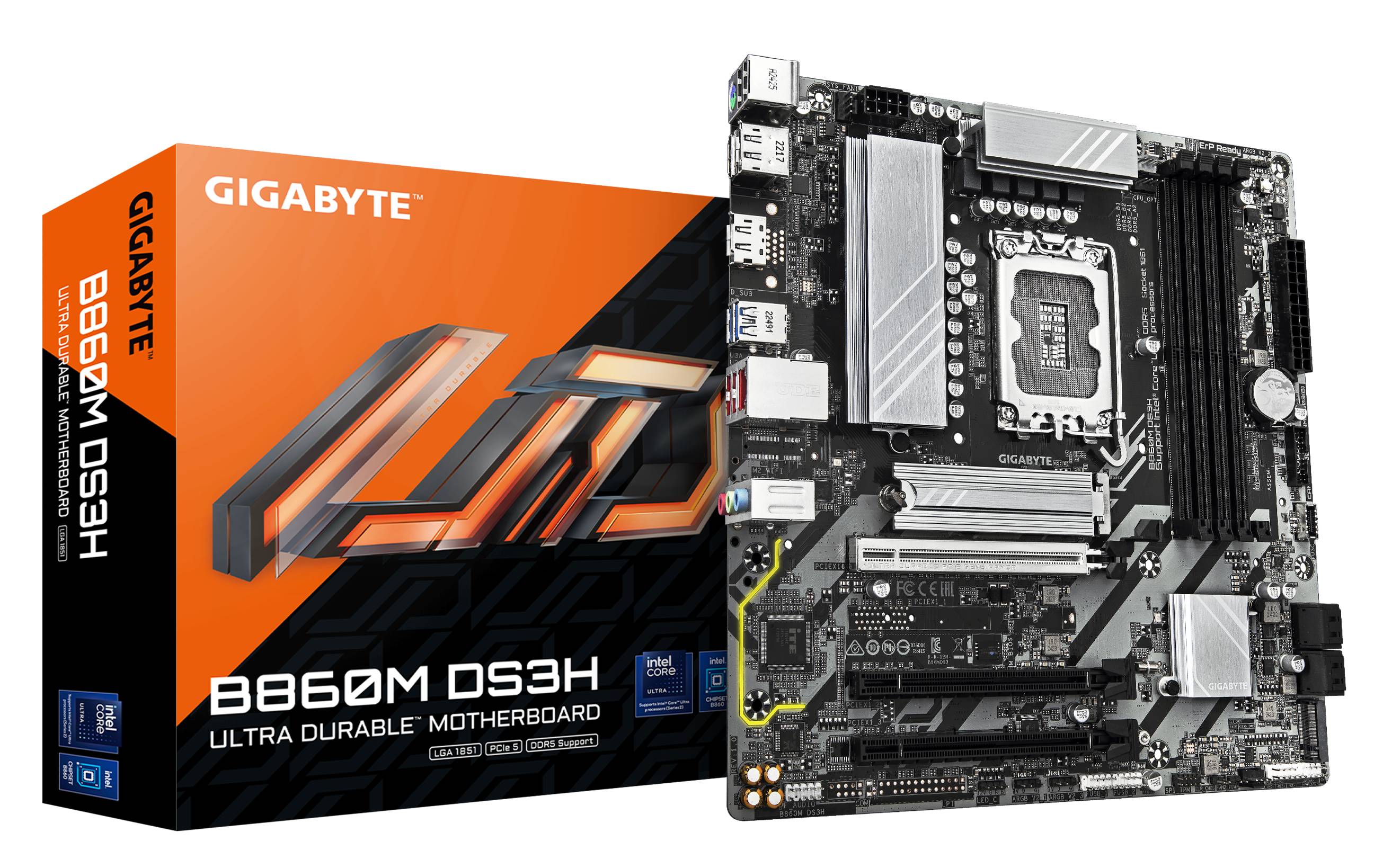 Gigabyte B860M DS3H Ultra Durable Motherboard neben seiner Einzelhandelsverpackung gezeigt.