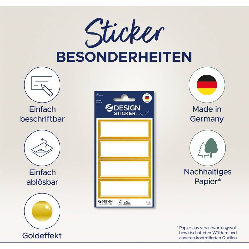 Sticker-Eigenschaften: ‚Einfach zu beschriften', ‚Leicht zu entfernen', ‚Goldeffekt', ‚Made in Germany', ‚Nachhaltiges Papier'.