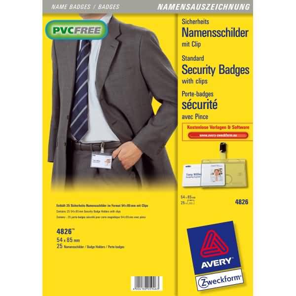 Avery PVC-freier Sicherheitsausweis mit Clip, gezeigt an einem Mann im Anzug; die Verpackung listet „Sicherheitsausweise mit Clips