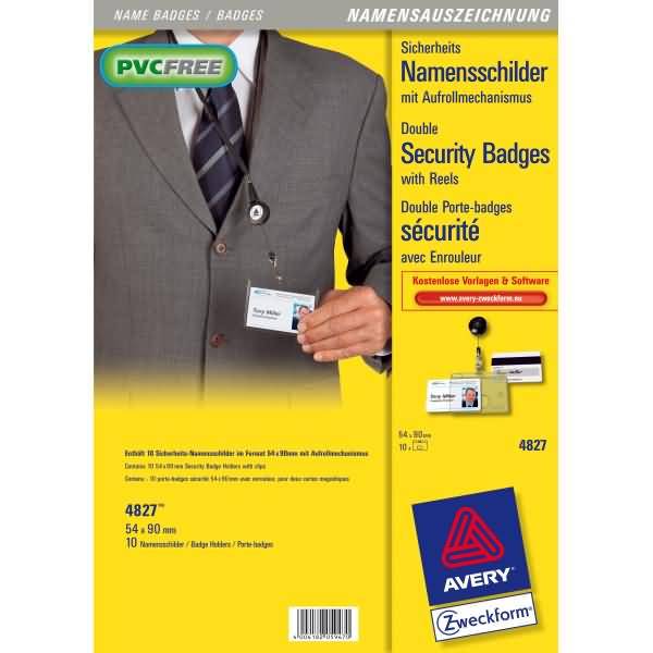 Produktverpackung für sichere Ausweishalter von Avery Zweckform ohne PVC mit Rollen, gezeigt an einer Person im Anzug, die einen Ausweishalter trägt.