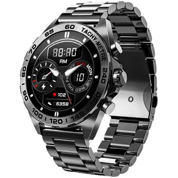 Schwarze Metall-Analog-Digital-Armbanduhr mit Tachymeter-Lünette, mehreren Unteruhren und Gliederarmband auf weißem Hintergrund.