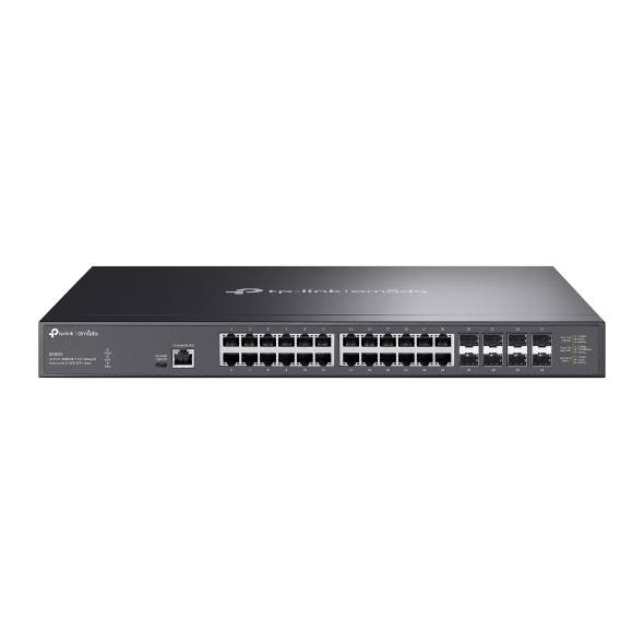 Frontansicht eines 24-Port-Ethernet-Netzwerk-Switches mit zwei Uplink-Ports und Status-LEDs auf einem schwarzen Rack-Mount-Gerät.